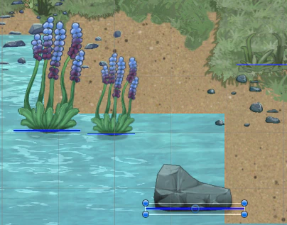 Anchor lines for each reflectable objects - a blue horizontal debug line is drawn under each object, where it contacts with the ground
