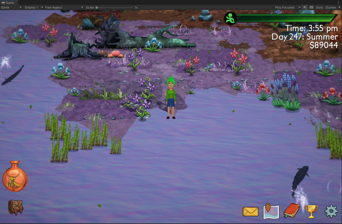 The water in the scene is drawn as a normal map, with colors representing the direction vector of the normals.
